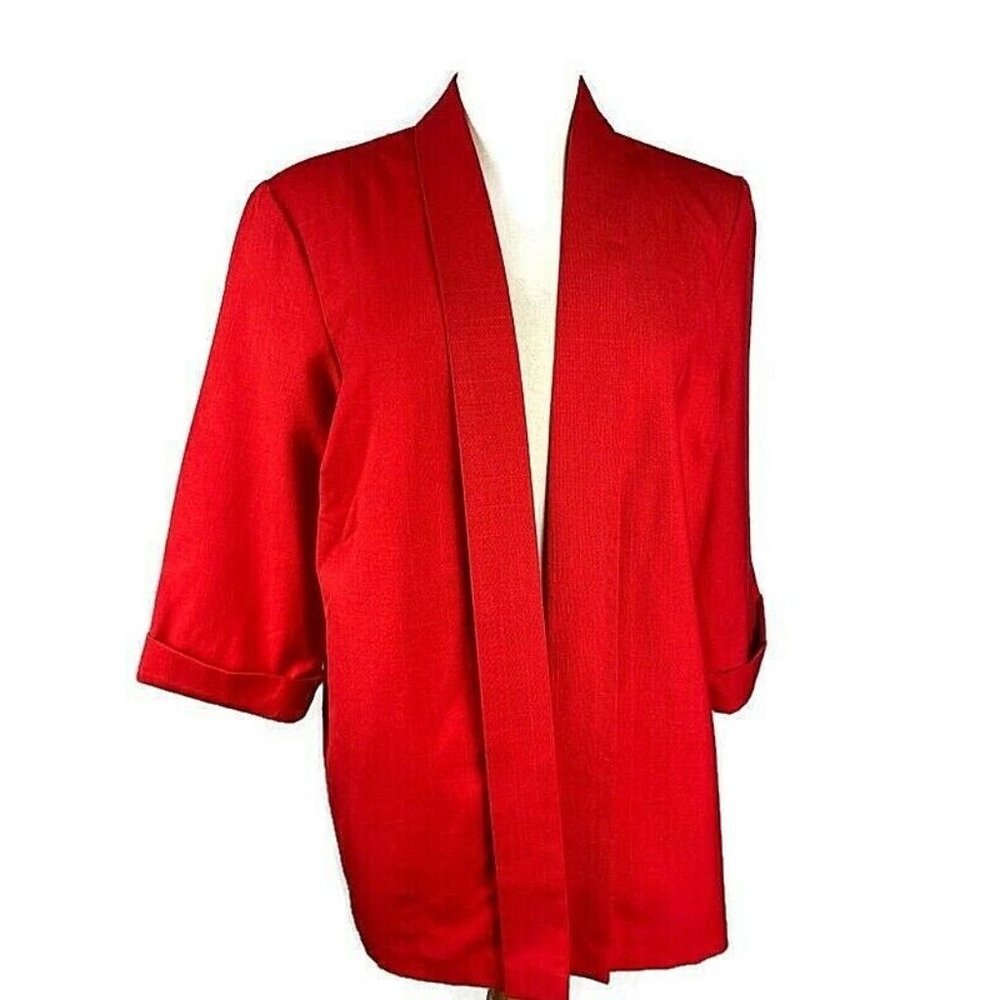 Vintage Kari's Place Open Front Jacket Red size 18 women's 3/4 sleeve with cuff